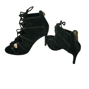 KARL LAGERFIELD Caine Suede Lace Up Heels Open Toe Stiletto Booties Black 8 sexy